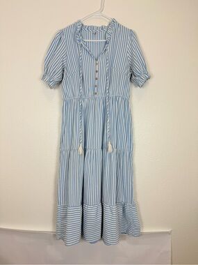 Blue & White Striped Maxi Dress Tiered Ruffle Short Sleeve XL